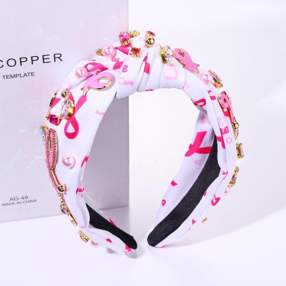 Pink Ribbon Headband for Women Breast Cancer Awareness Wide Top Knot Crystal main image 8